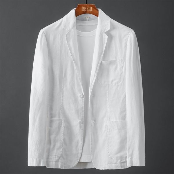 Blanc Coton Lin Costume Manteau Hommes Printemps Été Pure Color Slim Casual Business Mince Hommes Blazer Veste Confortable Respirant 220819