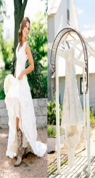 Robes de mariée de style country 2020 en dentelle en V manches de casquette de cou de poule Boho plus couches de taille pure robes de mariée sexy1004900