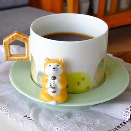 Wit Creative Animal Ceramic Coffee Cup en Saucer Set Leuke Espresso Cappuccino Tazza Colazione Mokken BD50CS Cups Saucers