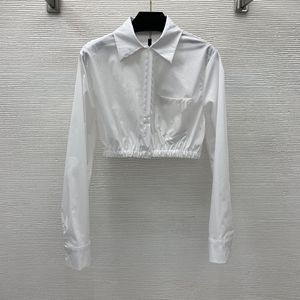 Witte bijgesneden damesblouseoverhemden met lange mouwen, witte tops, zomerlente, elastische tailleoverhemden