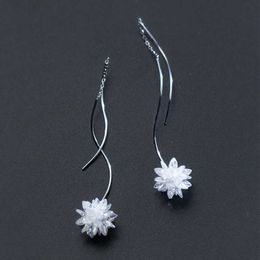 Witte Crystal Flower Elegant Dangle Earring voor Dames Sterling Zilver 925 Flora Drop Originele Fijne Sieraden 210707