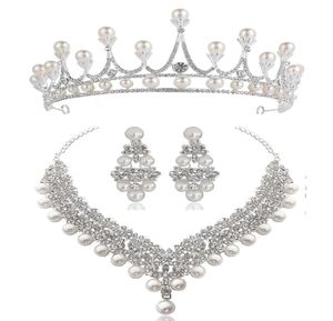 Wit Crystal Pearl Crown oorbellen ketting sieraden sets bruids bruiloft sieraden elegante mode kubieke zirkonia diamanten sieraden5369235