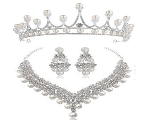 Witte Kristallen Parel Kroon Oorbellen Ketting Sieraden Sets Bruids Bruiloft Sieraden Elegante Mode Zirconia diamanten sieraden8850819
