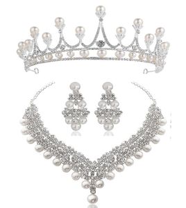 Witte Kristallen Parel Kroon Oorbellen Ketting Sieraden Sets Bruids Bruiloft Sieraden Elegante Mode Zirconia diamanten sieraden1646682