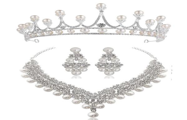 Cristal blanc perle couronne boucles d'oreilles collier ensembles de bijoux bijoux de mariage de mariée élégant mode cubique zircone diamant bijoux 7468242