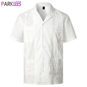 Camisa de guayabera de campamento cubano blanco Camisas de botones tejidas bordadas con estilo para hombre Playa de estilo caribeño mexicano 2XL 210809