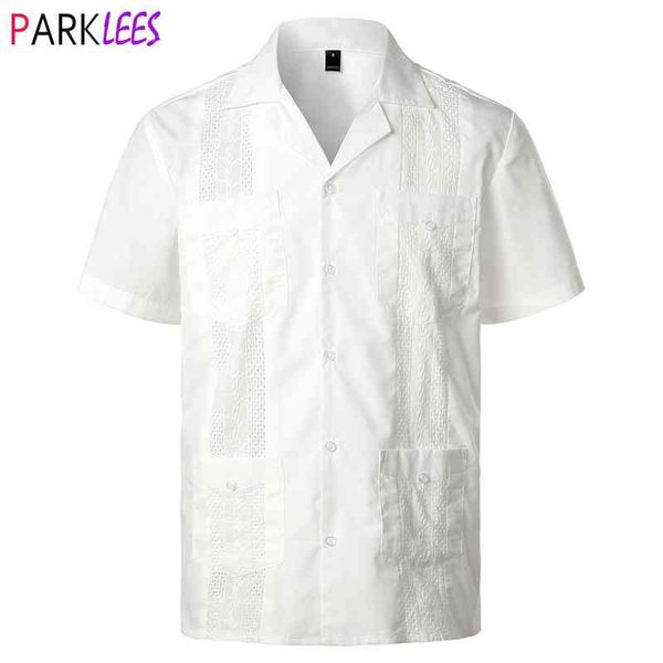 Camisa de guayabera de campamento cubano blanco Camisas de botones tejidas bordadas con estilo para hombre Camisas de playa de estilo caribeño mexicano 2XL 210522