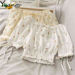 Wit Daisy Flower Print bijgesneden blouse elastische taille slanke boog gebonden riem zoete top vrouwen zomer wilde snoep kleur corset 210421