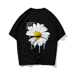 Wit Daisy Hip Hop Oversize T-shirt Mannen Streetwear American Painted T-shirt Korte Mouw Katoen Losse T-shirt Paar Chrysanthem 210603