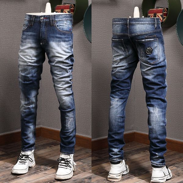 Blue Damage Jeans Hombres Pantalones de mezclilla populares Pantalones de vaquero de pierna de lápiz Slim Fit