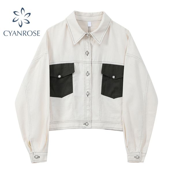 Veste en jean blanc cousu poche revers simple boutonnage Streetwear coréen Jean Outwear décontracté lâche Harajuku BF manteau dame 210417
