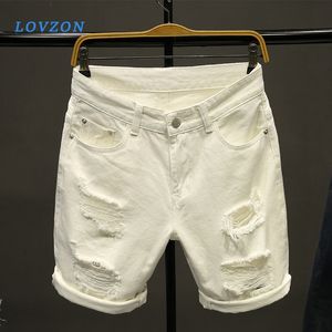 Pantalones cortos de mezclilla blancos nuevos pantalones vaqueros cortos con agujeros de verano para hombres pantalones cortos de algodón elásticos informales