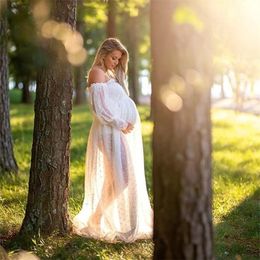 Witte dot tule zwangerschap Pography Props Dress See Through Mraamity Po Shoot Tule Long Dress Lantern Sleeve 240411