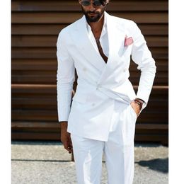 Trajes blancos de doble botonadura para hombre, esmoquin entallado para novio de boda, traje de moda informal de 2 piezas para hombre, chaqueta y pantalones para hombre 240311