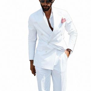 Trajes de hombre de doble botonadura blanca Slim Fit Wedding Groom Tuxedos 2 piezas Estilo casual Hombre Fi Traje Homme Chaqueta + Pantalones C9Dw #