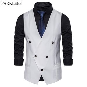 Witte dubbele breasted taille jas voor mannen lente slim fit heren mouwloze vest vest zakelijke bruiloft chaleco Hombre 210522