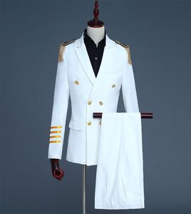 Blanc Double Breasted Wedding Groom Tailcoat Suit Men Men Cosplay Captain Captain Costume Homme Evening Prom Mens Cost with Pants xxl1185496