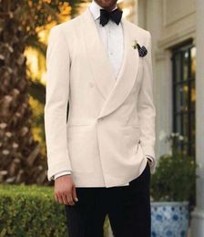 Esmoquin de boda de doble botonadura blanco para novio con solapa chal 2 piezas Slim Fit hombres trajes conjunto chaqueta negro pantalones moda Men0392427687