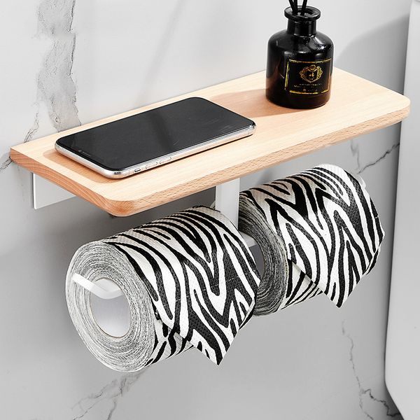 Support en papier blanc double en bois avec étagère de téléphone WC serviette en papier de rangement de tissus en tissu pour cuisine salle de bains de toilette