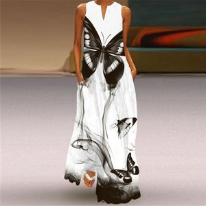 Robe blanche décontracté grande taille sans manches longues robes été femme papillon imprimer filles plage Maxi robe femmes