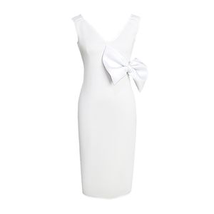 Robe blanche Sexy col en V profond sans manches moulante longueur au genou Clubwear anniversaire soirée robes de soirée grande taille pour dames 210527