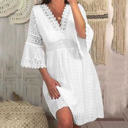 Vestido blanco para mujer de verano de Color sólido con mangas acampanadas Vestidos huecos de cintura alta Casual elegante vestido veraniego bohemio para mujer Vestidos