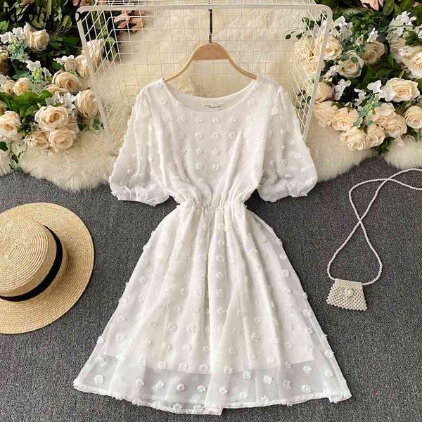 Vestidos blancos para Mujer moda coreana bata borla lunares Puff manga Vestidos Mujer Delgado dulce vestido de gasa 210422