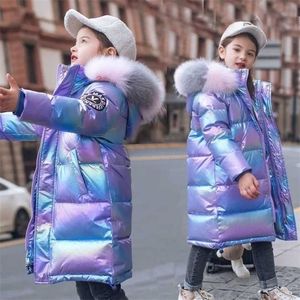 Blanc Duvet De Canard Brillant Veste Pour Les Filles À Capuche Chaud Enfants Fille Manteau D'hiver 5-16 Ans Enfants Adolescent Coton Parka Survêtement 211203