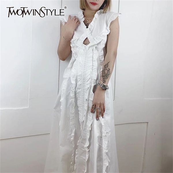 Vestido elegante blanco para mujer cuello en V sin mangas cintura alta Patchwork Ruffle Midi vestidos mujer verano moda 210520