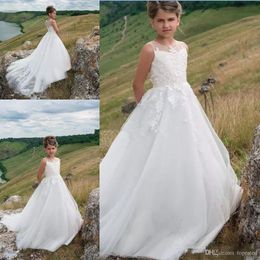 Flor de encaje de cuello de joya elegante y elegante blanca para apliques de una línea vestidos de boda de niña