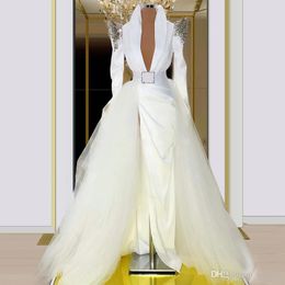 Robe de soirée sirène blanche élégante, avec traîne détachable, perles, col en v, manches longues, robe de bal, fente latérale, robe formelle