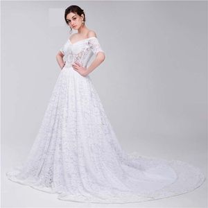 Blanc élégant nouvelles robes chérie demi manches une ligne dentelle longue fête de mariage robes de mariée pour les femmes robes de mariée robes DH4237