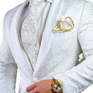 Wit Elegante Sjaal Revers Pakken voor Mannen Chic Jacquard Prom Party Bruiloft Tuxedo Fi Single Butt Mannelijke Pak Slanke 2 Stuk 898s #
