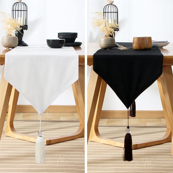 Blanc élégant chemin de table tissu noir décoration accessoires couleur unie Style japonais gland tapis de thé décor à la maison 220615