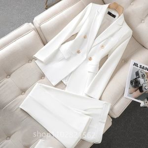 Costume blanc élégant pour femmes, blazer à Double boutonnage, pantalon évasé, costume d'affaires formel, veste de bureau 2 pièces, tenues féminines 240226