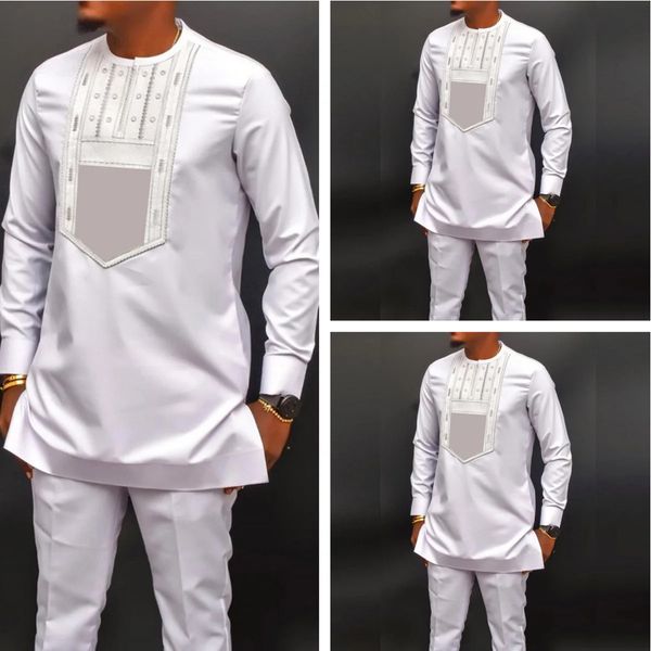 Blanc Broidered 2 pièces Pantalons de chemise Suit à manches longues Elegant African Ethnic Suit Blow Abaya Mens Vêtements 240407