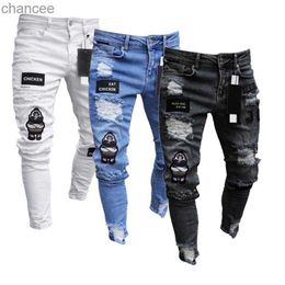 Jeans brodés blancs hommes coton extensible déchiré jean maigre haute qualité Hip Hop trou noir coupe ajustée pantalon en jean surdimensionné HKD230829