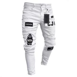 Blanc broderie maigre déchiré jean hommes coton extensible coupe ajustée hip hop denim pantalon jeans décontractés pour hommes pantalon de jogging 240228