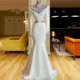 Witte Avondjurken 2022 Voor Vrouwen Elegante Lange Mouwen Hoge Kraag Plus Size Keyhole Terug Formele Gala Party Gown Kralen abendkleider