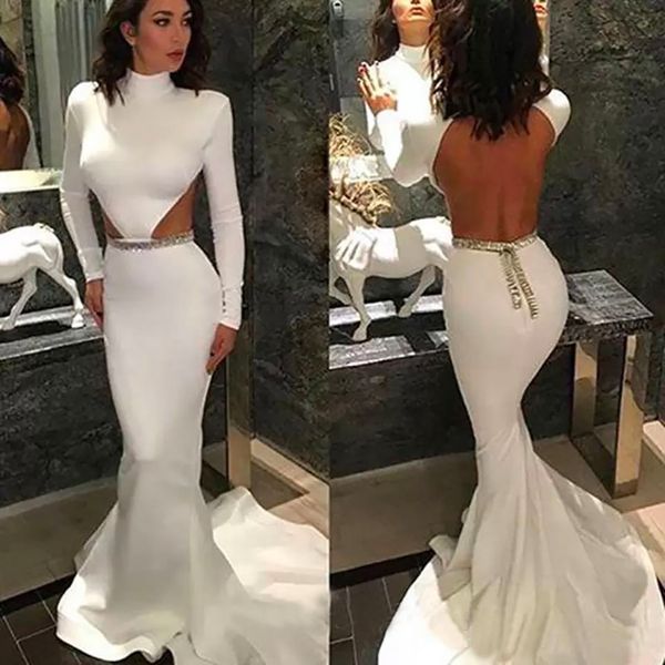 Vestidos de noche blancos Vestido de fiesta de graduación de marfil Desfile de niñas Sirena Trompeta Cuello alto Manga larga Sin respaldo Personalizado Nuevo Sexy Tallas grandes Lentejuelas Satén