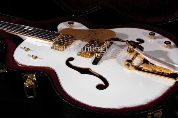 White Falcon Guitare électrique jazz semi-creuse à pan coupé simple, accordeurs impériaux Grover, trous en F surdimensionnés, reliure dorée scintillante, pont Bigs Tremolo
