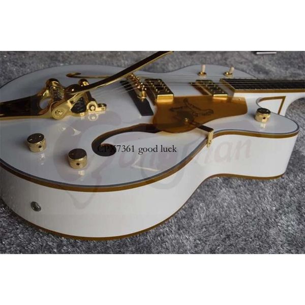 White Falcon Hollow Jazz Guitarra eléctrica Perillas G reales Sintonizadores imperiales Gold Sparkle Body Binding Double F Hole Tremolo