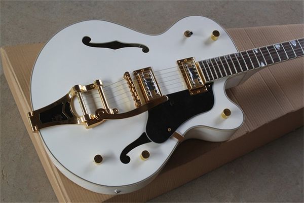 White Falcon Jazz Guitare électrique G 6120 Corps semi-creux Touche en palissandre Accordeurs dorés Double trous F Bigs Tremolo Bridge peut être personnalisé