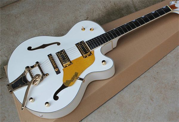 White Falcon Jazz Guitare électrique G 6120 Corps semi-creux Touche en ébène Accordeurs impériaux coréens Reliure scintillante dorée Matériel doré