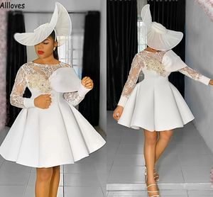 Vestidos de fiesta de cóctel de moda blanca para mujer Mangas largas Apliques de encaje Con cuentas Fiesta formal Vestidos de fiesta Falda esponjosa Vestido de fiesta corto Dubai Árabe Aso Ebi CL1691