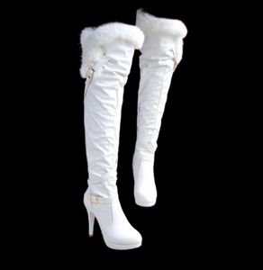 Botas por encima de la rodilla de moda blanca, zapatos de tacón alto para mujer, zapatos largos de cuero hasta el muslo para mujer, talla femenina 437908540