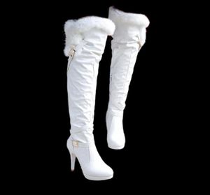 Mode blanche sur les bottes du genou femme talons hauts chaussures dames cuisses hiver en cuir longue femelle taille 432023462