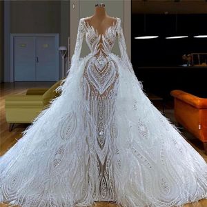 Witte Veren Puffy Avondjurken voor Bruiloft Arabisch Robe De Soiree Couture Aibye Trouwjurk Kaftans Pageant Jurken Dubai227t