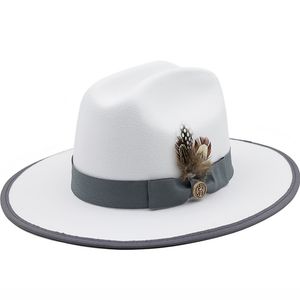 Sombreros Fedora blancos con banda de plumas, sombrero de copa de lana sintética para hombres, gorra plana de Jazz Panamá para mujeres, sombreros elegantes para fiestas de Jazz e Iglesia