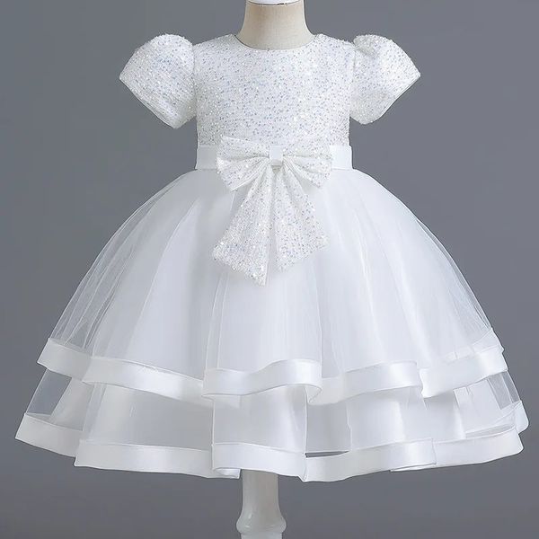 Blanc First Communion Gown Girls Princess Robe Sequins Performance Performance Wedding Flower Girl 240309